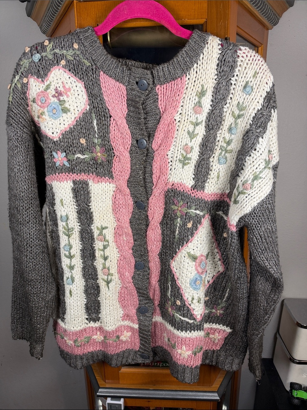 Vintage Grey and Pink Floral Patchwork  Cottage core Cardigan